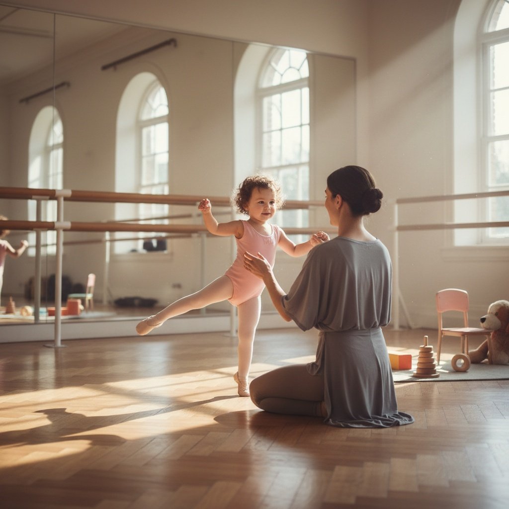 Toddler in pink ballet outfit practicing first positions with parent nearby