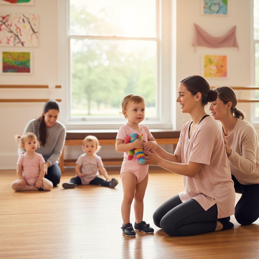 Toddler putting on tap shoes before dance class begins