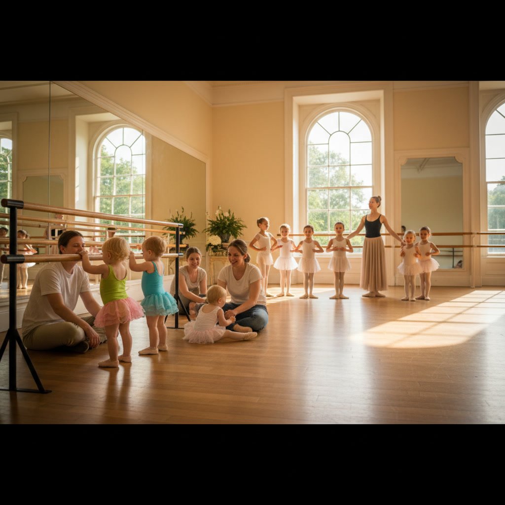 Three-year-old dancers practicing ballet positions in studio class