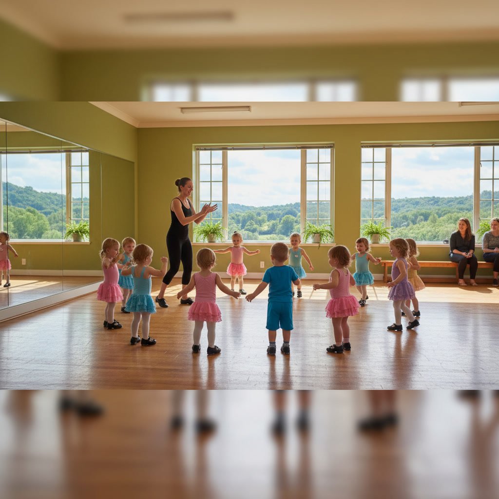 Young children in a dance studio during warm-up exercises