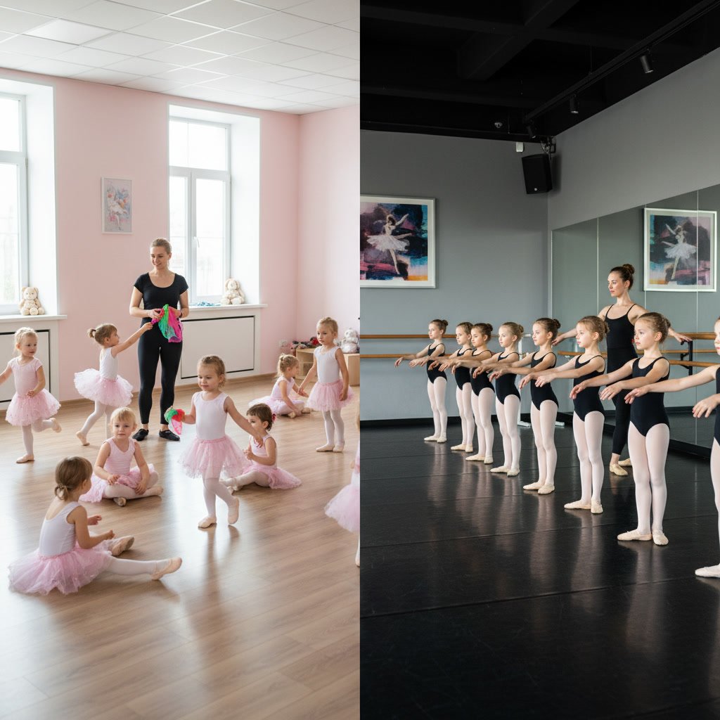 Group of young dancers learning ballet positions in an organized classroom setting