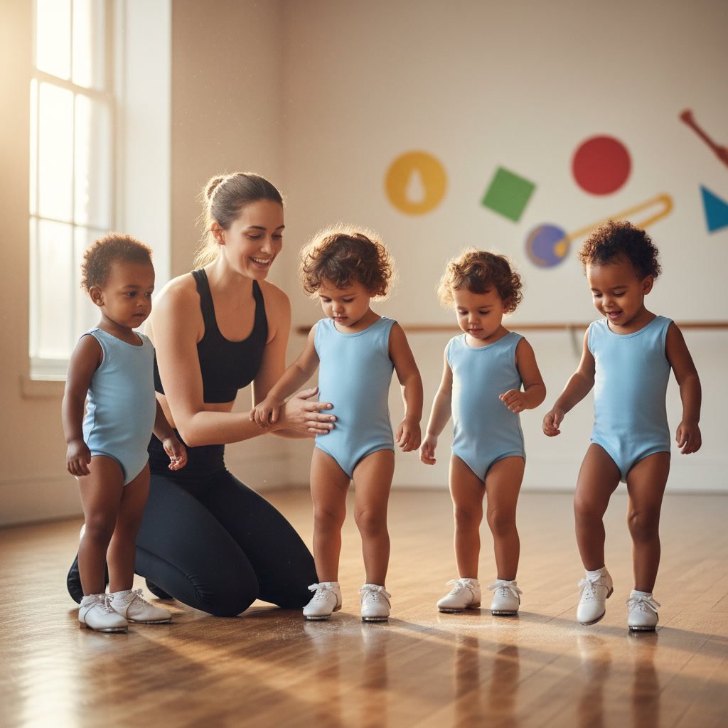 Toddler tap dance teacher demonstrating foot movements to young students