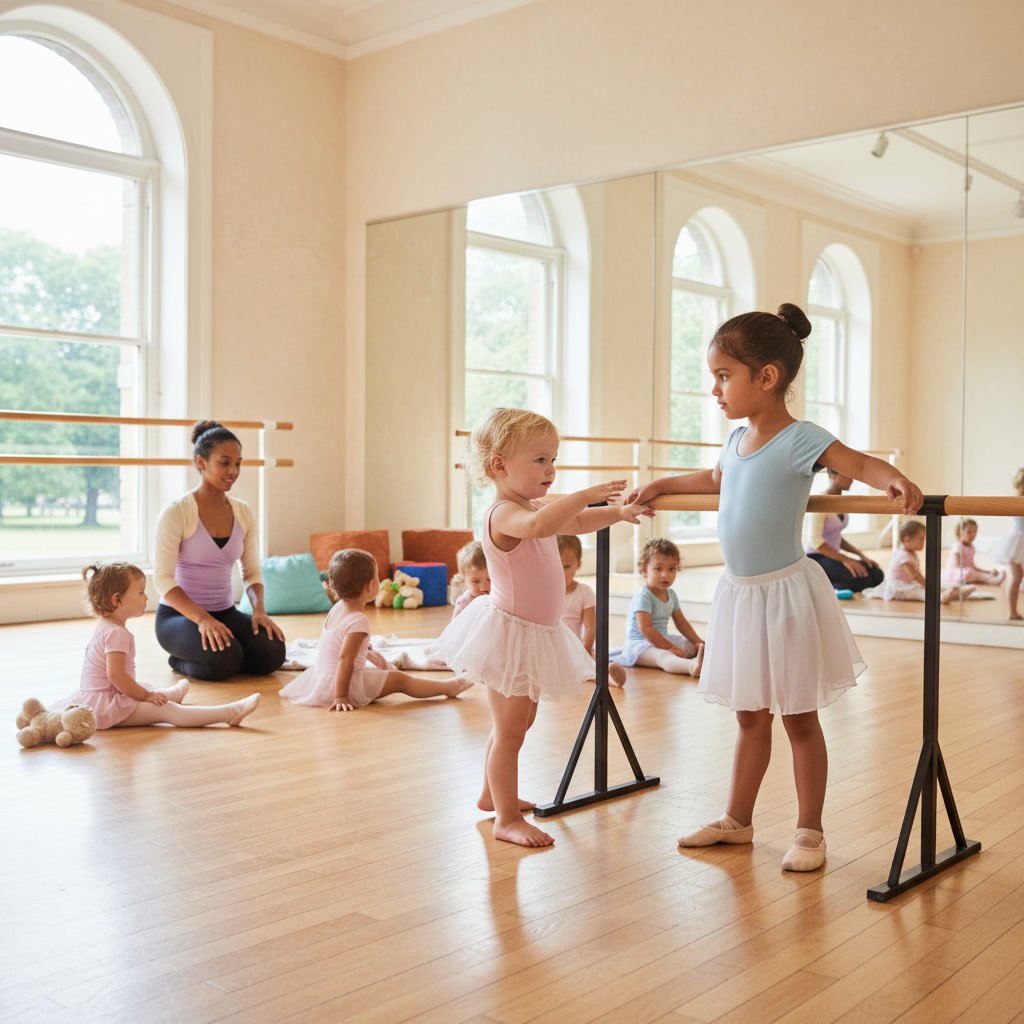 Young toddler in ballet attire holding parent's hand in dance studio