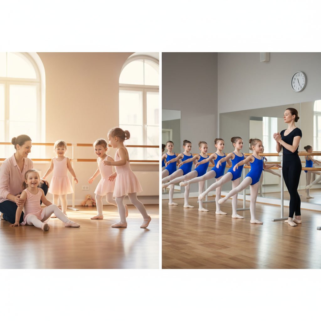 Young ballet students of different ages practicing at the barre in a bright dance studio